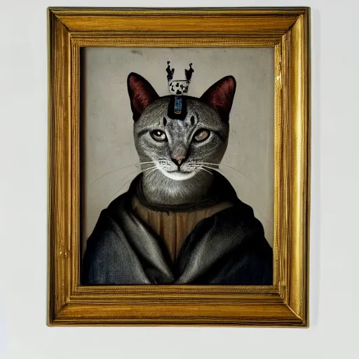 Image similar to a renaissance portrait painting of a grey cat, wearing a crown and cape, dark background,