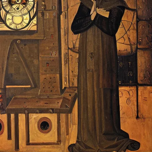 Image similar to medieval monk maintaining an enormous, complex, mechanical clock, oil painting, warm lighting