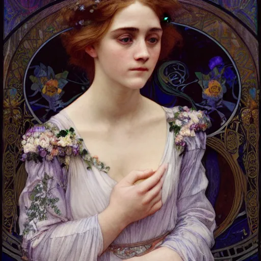 Image similar to a detailed, intricate art nouveau portrait painting of a girl who resembles 1 8 - year - old saoirse ronan and emma watson in a white satin gown, by alphonse mucha, donato giancola, and john william waterhouse