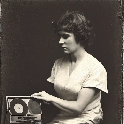 Image similar to Woman listening to a vinyl record that steals her soul, daguerrotype