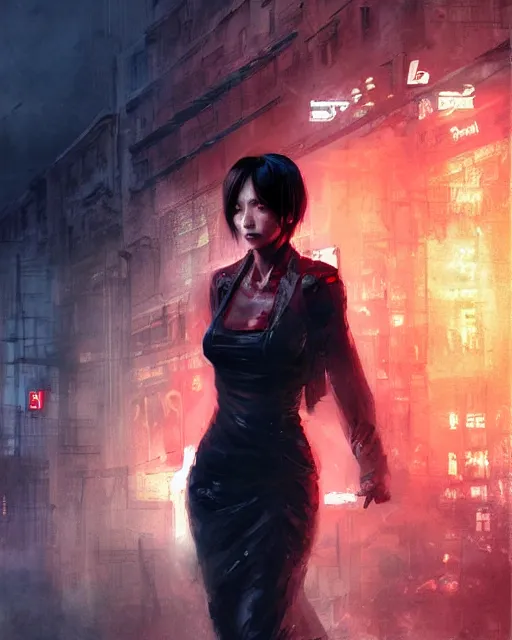 Image similar to battle hardened, sly, cunning, rugged ada wong, face centered portrait, red dinner dress, confident, ruined cityscape, zombies, fog, rain, volumetric lighting, soft light particles floating near her, illustration, perfectly shaded, soft painting, art by krenz cushart and wenjun lin