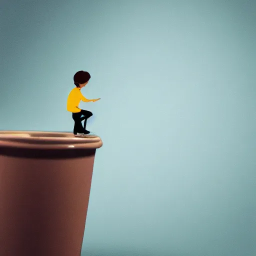 Image similar to a small man siting on an edge of cup