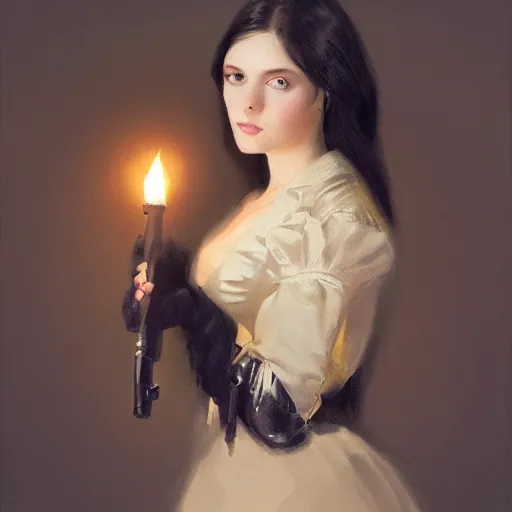 Prompt: a beautiful young woman, pale skin, black long hair, aristocrat, black expensive dress from 1 8 6 0, holding a rifle, illuminated by campfire, oil painting, digital art, studio photo, realistic, artstation, high quality, wild west