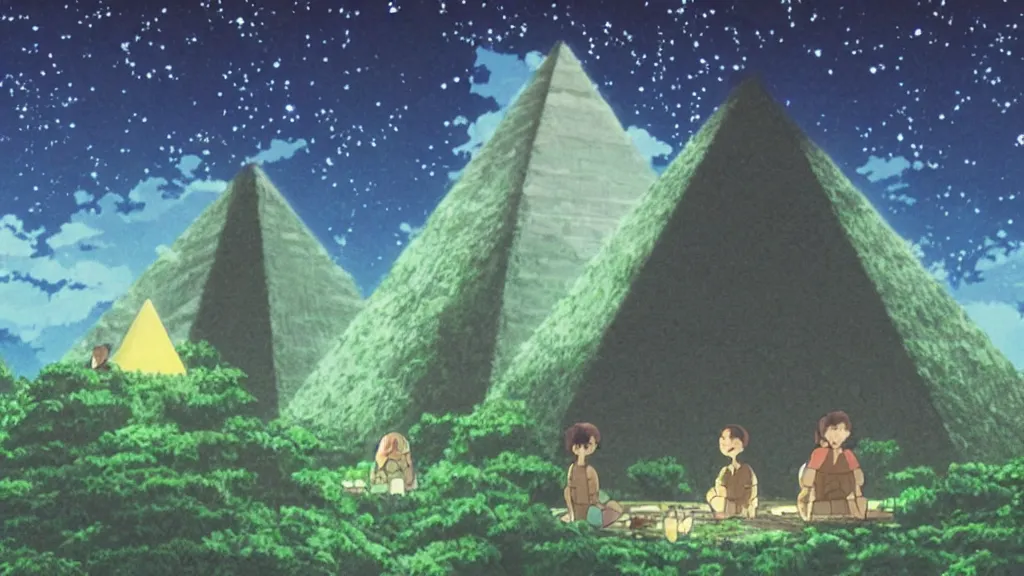 Image similar to a movie still from a studio ghibli film showing a glowing pyramid in the rainforest. a group of giant aliens meditate outside on a misty and starry night. by studio ghibli