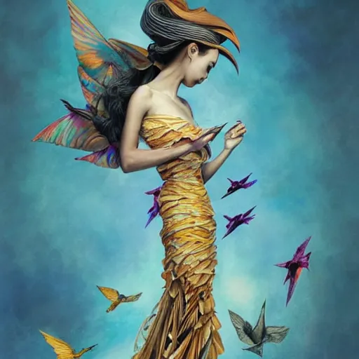 Image similar to full length view of a beautiful girl wearing an origami dress, hummingbirds, elegant, by esao andrews, by eiko ishioka, givenchy, by peter mohrbacher, centered, enchanting, floral ornamentic on cloth and hair, detailed beautiful face, high depth of field, origami, detailed fashion illustration, vogue, japanese, reallusion character creator