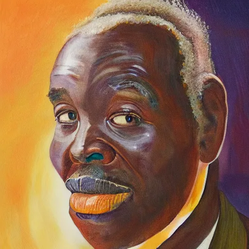 Prompt: a painting of a lovely father with wide forehead, round face, XXL , loving, caring, generous, ever-present, humble, wise elder from Kenya in a suit by Wangechi Mutu . Fatherly/daddy, focused, loving, leader, relaxed,. ethereal lights, details, smooth, sharp focus, illustration, realistic, cinematic, artstation, award winning, rgb , unreal engine, octane render, cinematic light, macro, depth of field, blur, red light and clouds from the back, highly detailed epic cinematic concept art CG render made in Maya, Blender and Photoshop, octane render, excellent composition, dynamic dramatic cinematic lighting, aesthetic, very inspirational, arthouse.