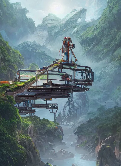 Image similar to A beautiful digital painting of a sci-fi landing platform, crystal lake, lovely valley by Stanley Artgerm Lau, Rossdraws, James Jean, gerald brom, Andrei Riabovitchev, Marc Simonetti, and Sakimichan, trending on artstation