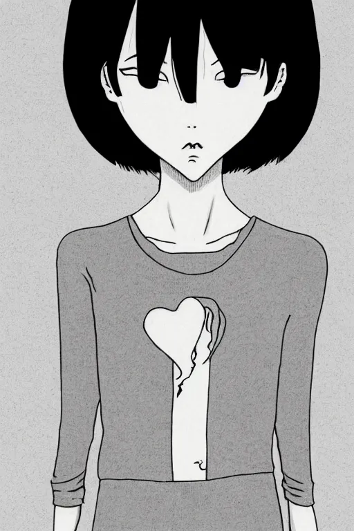 Prompt: portrait of a girl in long pants and a top, hands in pockets, eyes closed, red color heart shaped tattoo on the right hand, bob haircut, digital art, black and white, minimalistic illustration by junji ito and kaoru mori