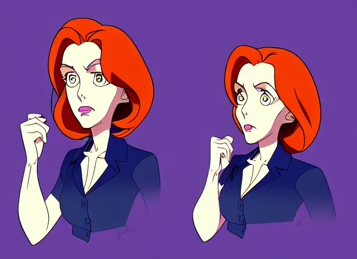 Prompt: a shaded animation cel of dana scully, sharp detail, thin linework, realistic anatomy, in the style of western cartoons, by don bluth, filmation, toei animation, studio trigger, studio ghibli, 5 k, artstation trending