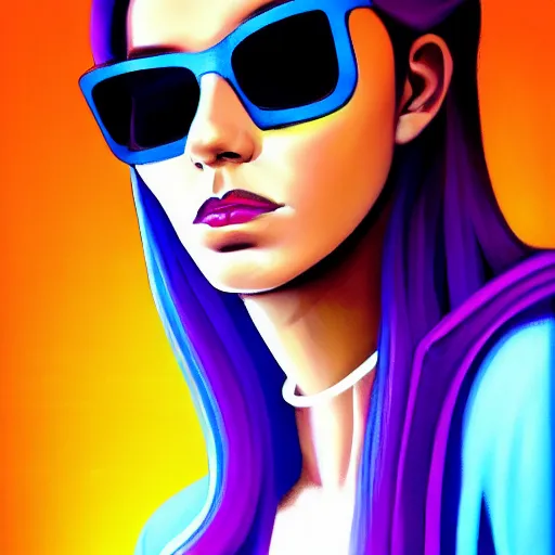 Image similar to closeup painting of a very beautiful young mexican cyberpunk woman with a smirk, light blue retro shades, and a purple coloured leather jacket, one side haircut, long brown hair with light blue ends, portrait, sci - fi, hyperdetailed, artstation, cgsociety, synthwave by tangerine dream, by jean - michel jarre, by vangelis, by john carpenter