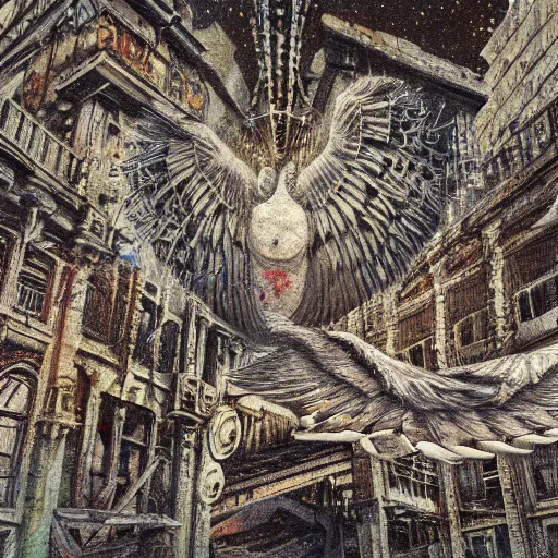 Image similar to bird flying through the center of a post apocalyptic radiated ruined city, surrealism, deep aesthetic, abstract realism, highly ornate intricate details, 1 9 2 0's colored pencil, 4 k, cinematic lighting,