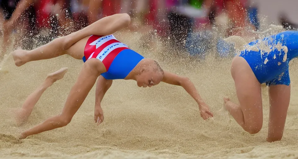 Image similar to olympic swimming in sand instead of water, extremely coherent, motion blur