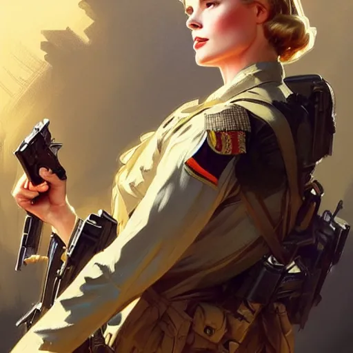 Image similar to Grace Kelly as a US Army Soldier, western, D&D, fantasy, intricate, elegant, highly detailed, digital painting, artstation, concept art, matte, sharp focus, illustration, art by Artgerm and Greg Rutkowski and Alphonse Mucha