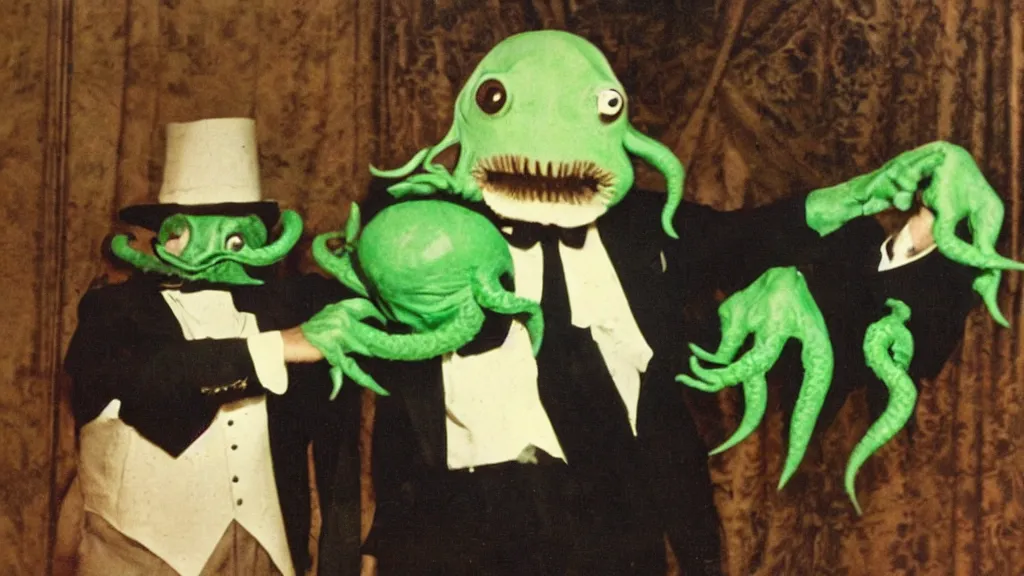 Image similar to a vintage color photograph of anthropomorphic cthulhu in a tuxedo at a fundraising in the white