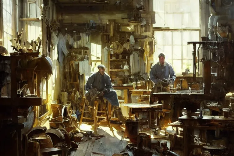 Prompt: oil painting of craftsman buidling a piece of furniture in their workshop, art by anders zorn, wonderful masterpiece by greg rutkowski, beautiful cinematic light, american romanticism by greg manchess, jessica rossier and norman rockwell