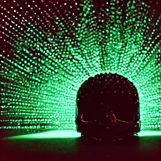 Image similar to a low poly disco skull full of long spikes, reflecting light in a nightclub, grainy film photograph