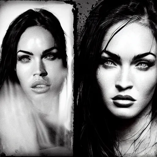 Prompt: double - exposure effect of megan fox face as beautiful mountains, in the style of dan mountford, amazing detail, black and white