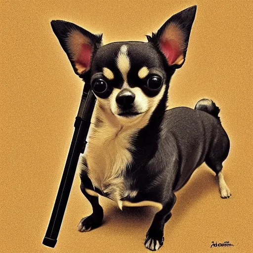 Prompt: chihuahua holding a sniper, digital art