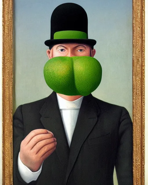 Prompt: painting of a man with a kiwifruit covering his face, wearing a bowler hat and overcoat and necktie, oil on canvas, style of Rene Magritte, by René Magritte