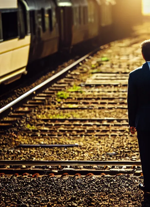 Image similar to a 2 8 mm macro photo from the back of a businessman standing on a train platform, splash art, movie still, bokeh, canon 5 0 mm, cinematic lighting, dramatic, film, photography, golden hour, depth of field, award - winning, anamorphic lens flare, 8 k, hyper detailed, 3 5 mm film grain