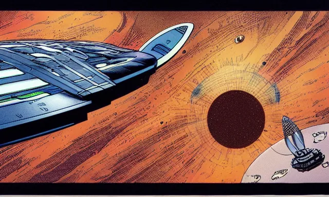 Image similar to spaceship, orbit of mars, michael kaluta