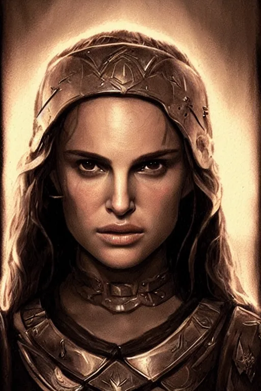 Image similar to young natalie portman, battle warrior, lord of the rings, tattoos, decorative ornaments, greg rutkowski, perfect face, fine details, realistic shading, photorealism