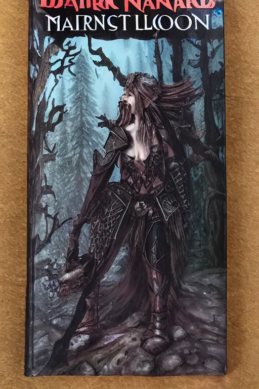 Image similar to dramatic dark forest scenery, girl with fangs in hide leather armor, D&D book-cover without text