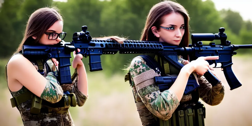 Image similar to hyperrealistic photo of a hot girl holding an ar - 1 5, 8 k