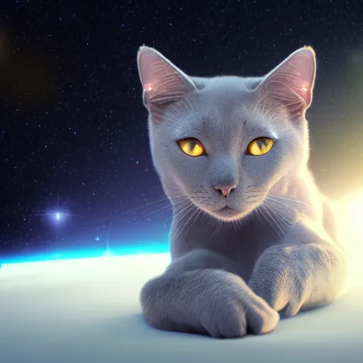 Image similar to a beatiful cute Russian blue cat floating in outer space, photorealistic, octane render, blender cycles engine, volumetric lighting, astrophotography, 4k ultra hd, HDR, detailed