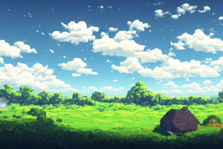 Image similar to landscape, summer, morning, beautiful cloud, quiet, no people, Anime Background, illustration, sharp focus, intricate, super wide angle, trending on artstation, trending on deviantart, pixelart, pixelperfect, pixel art, pixel, color limit, nearest neighbor, hard edges, art of Kirokaze pixel, art of Regular FHC, art of Pixel Jeff Franek, art of Aaron Hain, art of kryssalian, Eastward, Pixpil