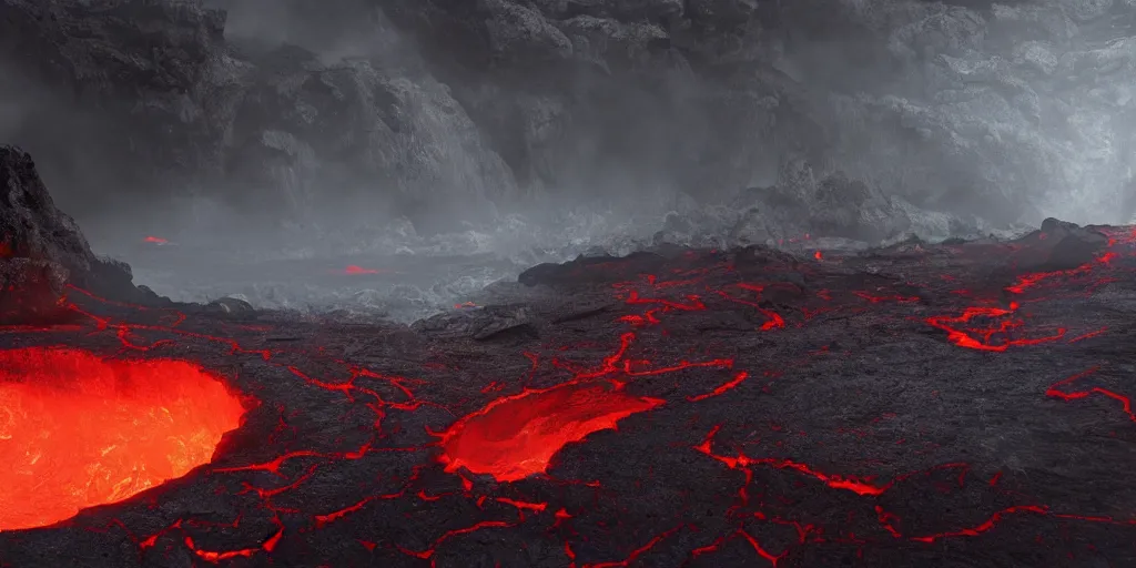 Image similar to a hole in the ground with lava in a mountainous environment by shaddy safadi, artstation, concept art, cinematographic, epic lighting, filmic, 8 k, award winning,