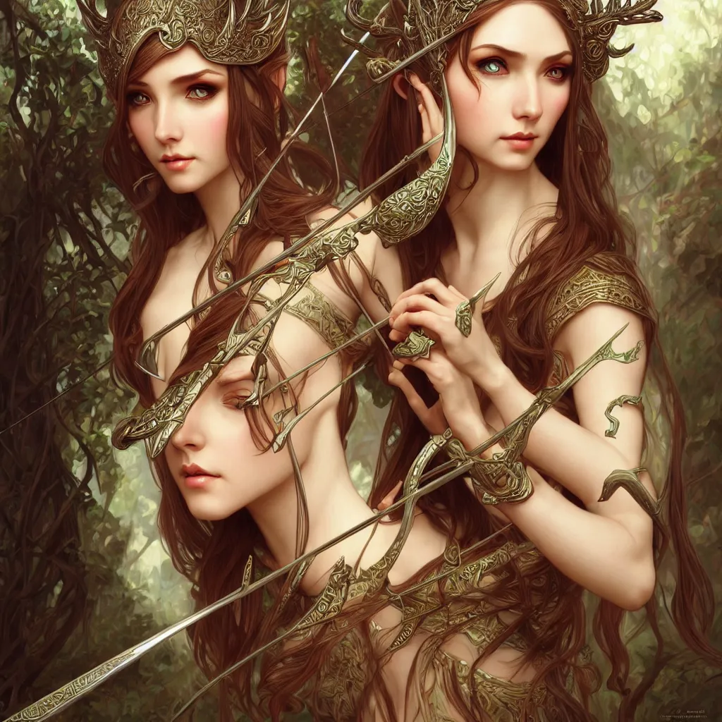 Prompt: a photograpic of elven archers, cute, fantasy, intricate, elegant, centered, wide lens, highly detailed, digital painting, artstation, long shot, photographic, full-body portrait, concept art, smooth, sharp focus, illustration, art by artgerm and H R Giger and alphonse mucha