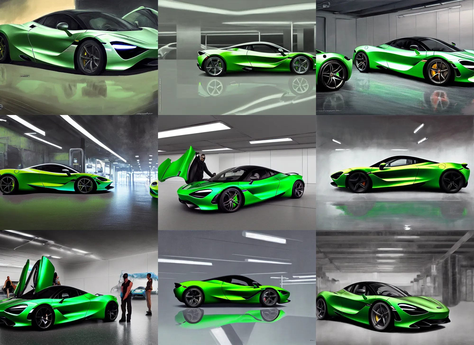 Prompt: epic cinematic shot of a green McLaren 720s in a reflective futuristic showroom garage, concept art oil painting by Jama Jurabaev, extremely detailed, brush hard, trending on ArtStation