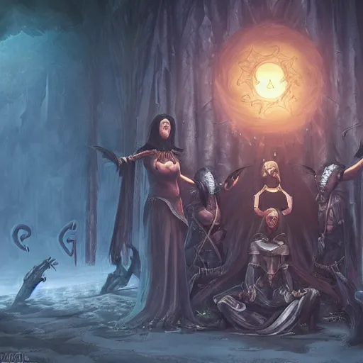 Prompt: female acolytes using demonic summoning circle to summon a demonic knight. incredible detail. by magali villeneuve and by wlop