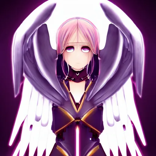 Prompt: full body, gorgeous small female android cyborg - angel large angelic wings, left eye gold and right eye silver, cyberpunk - anime art