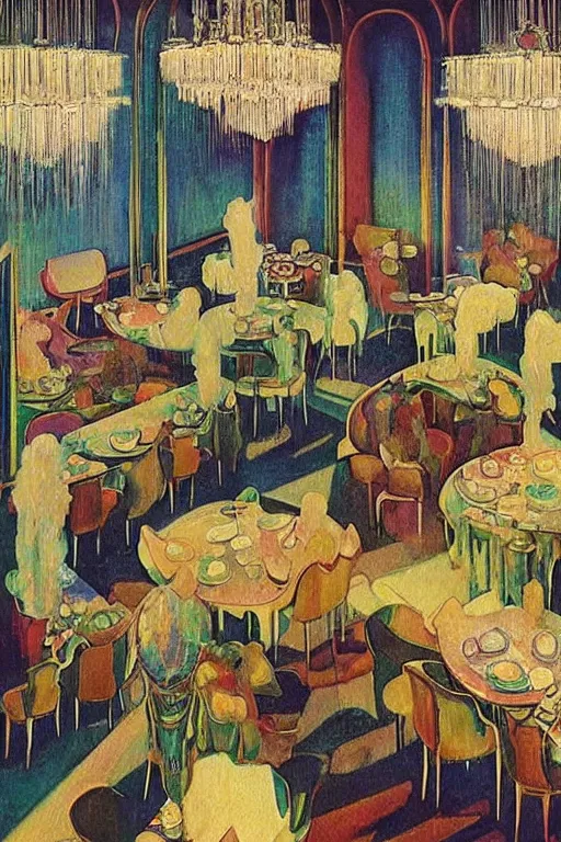 Prompt: 1920s cinematic aerial view of decorated surrealist art deco dining hall by Jean Giraud, the moon casts long exaggerated shadows, crystalline light rays refract dust, impressionst oil painting on wood, big impressionist oil paint strokes, decadent interior dinning room with centered grand crystal chandelier, symmetric 1930s dimly lit art deco interior concept art by Ivan Aivazovsky, ukiyo-e print, japanese woodblock, aerial view