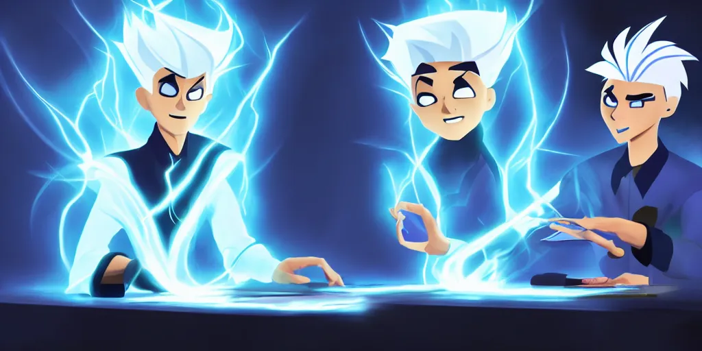 Prompt: a mage that looks like danny phantom he is at his desk working on a new spell that is casting out flowing energy, colorful, flowing energy, light rays, consistent face, medium shot, waist up, pixar and disney animation, sharp, concept art, highly detailed, bloom, dramatic lighting, cinematic