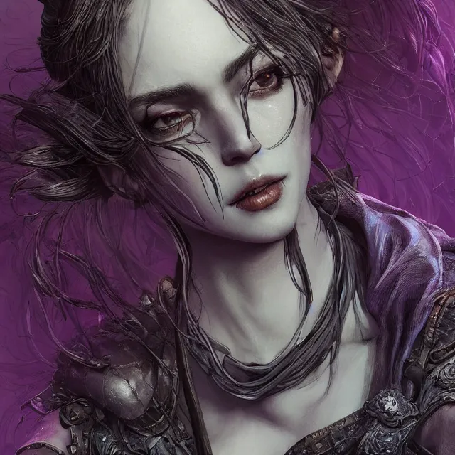 Image similar to the portrait of neutral evil fallen female dark knight vagabond as absurdly beautiful, gorgeous, elegant, sophisticated, woman, an ultrafine hyperdetailed illustration by kim jung gi, irakli nadar, intricate linework, bright colors, octopath traveler, final fantasy, unreal engine 5 highly rendered, global illumination, radiant light, detailed and intricate environment