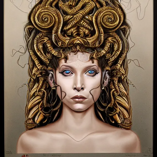 Prompt: symmetrical, detailed portrait color painting of medusa by greg rutowski, gold tones, priestess, full body