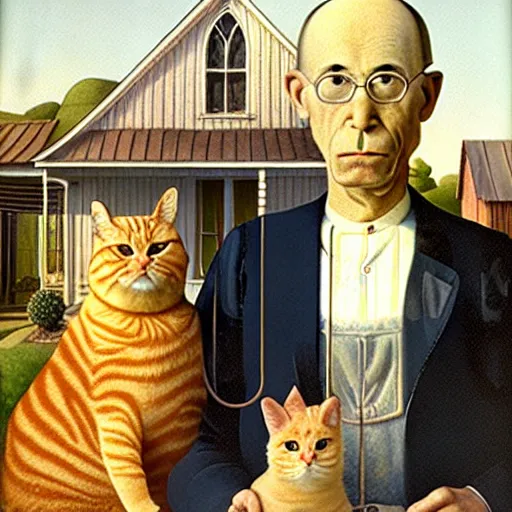 Prompt: fat orange tabby cat, man with curly hair in american gothic by grant wood