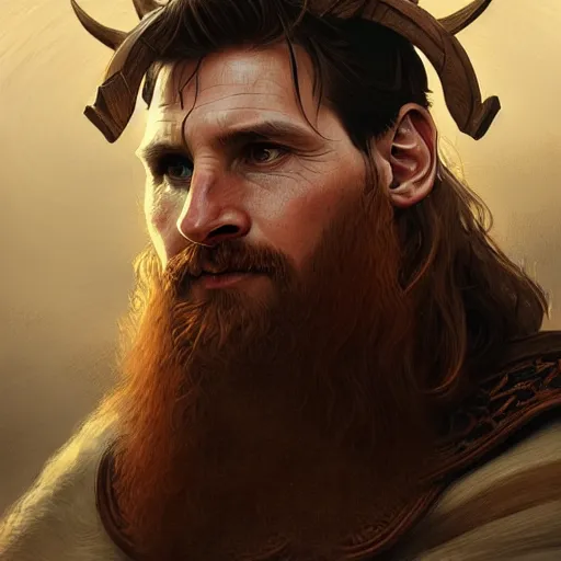 Image similar to Messi as a viking, closeup, D&D, fantasy, intricate, elegant, highly detailed, digital painting, artstation, concept art, matte, sharp focus, illustration, art by Artgerm and Greg Rutkowski and Alphonse Mucha