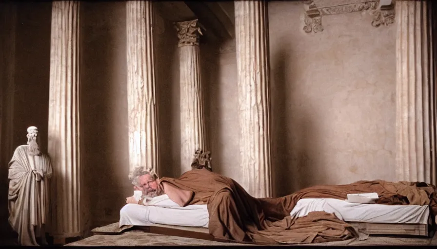 Prompt: 1 9 6 0 s movie still portrait of emperor marcus aurelius, skinny and ill in his bed with drapery in a ancient rome room with columns next to the ocean, cinestill 8 0 0 t 3 5 mm, high quality, heavy grain, high detail, cinematic composition, dramatic light, anamorphic, hyperrealistic, josef sudek