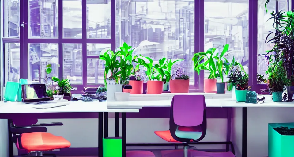 Image similar to IKEA catalogue photo, modern office space, retro future style furniture, cyberpunk style neon lighting, lush plant life, cityscape in the window, Purple, Teal, Mint, Pink, Orange