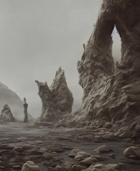 Image similar to surreal epic, masterpiece, romantic prometheus white exploration base, ancient ochre palette, impossible architecture by ruan jia, mecha floor, futuristic, blame, white architecture in the beach in iceland, foggy, highly detailed, digital painting, arstation, concept art, hyperealistic octane render, unreal engine