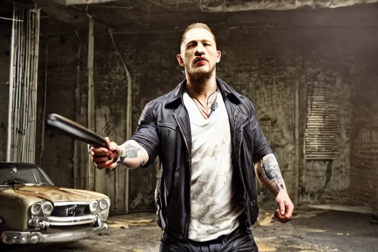 Image similar to film still of Tom Hardy as Max Payne in a body shop garage holding a baseball bat in the Max Payne movie, 4k