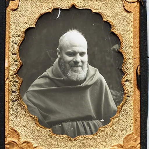 Image similar to tintype photograph of medieval monk, medieval abbot, italian monastery, medieval photograph