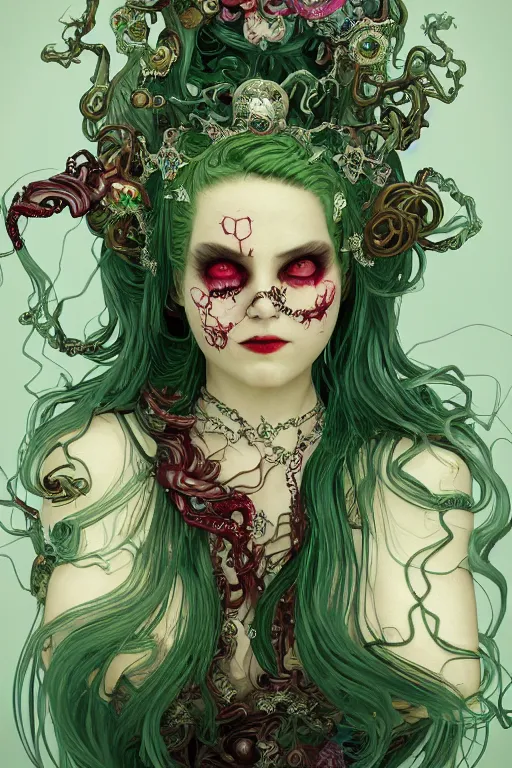 Image similar to rococo upper body portrait sigil with the intent of conquering the world lovecraftian undead zombie queen, green hair, bytian zi and wlop and alphonse mucha ornaments and gems hdr 8 k 3 d dslr hdr trending on artstation rendered with cryengine