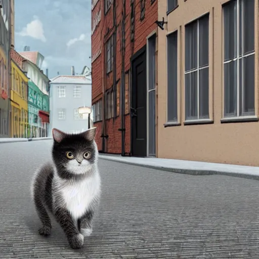 Image similar to a portrait of a cute gray and white striped cat, walking down a street in Copenhagen, Danish architecture, trending on cg society, 3d zbrush render with fur, rim lighting, digital oil painting by Norman Rockwell