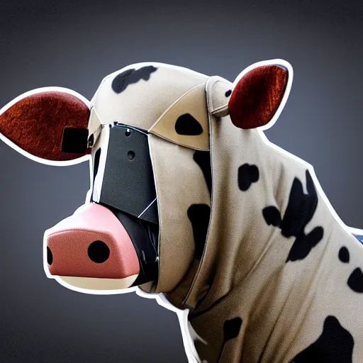 Image similar to a highly detailed ultra realistic photograph of a cow dressed in a fighter jet jumpsuit and mask