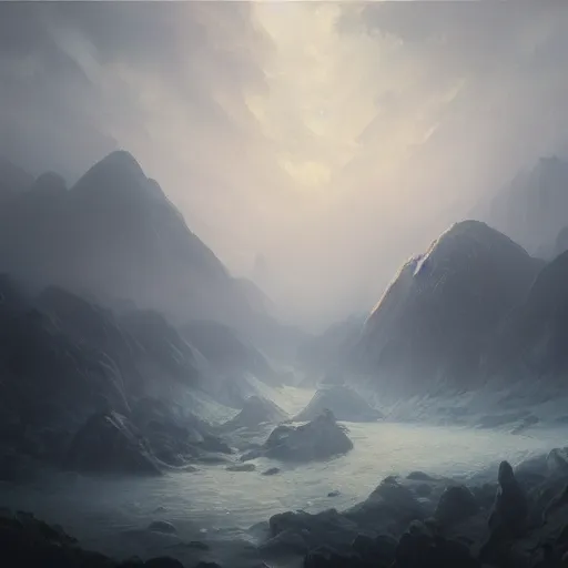 Prompt: oil painting of cinematic mountains with a cloudy sky filled with swirling fog, Greg Rutkowski, morning lighting, mystical, fantasy